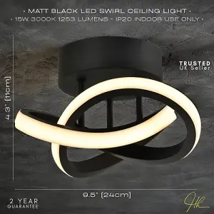 Modern LED Black Ceiling Light with Swirl Thick Metal Strip Creates 1253 Lumens