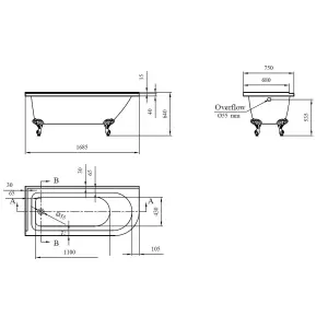 Trojan Baths Gloss White Roll-top Right-handed Traditional Shower bath (L)168.5cm (W)75cm