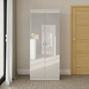 2 Door White Gloss Double Wardrobe Scratch Resistant Bedroom Furniture