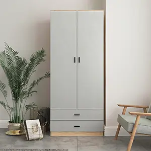 URBNLIVING 180cm Tall Wooden 2 Door Wardrobe Oak Carcass and Grey Drawers With 2 Drawers Bedroom Storage Hanging Bar Clothes