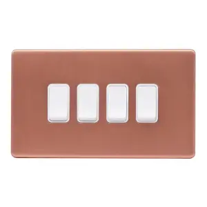 Brushed Copper Screwless Plate 10A 4 Gang 2 Way Light Switch - White Trim - SE Home