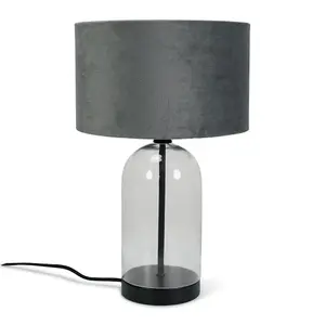 ValueLights Jessy Glass and Black Metal Bedside Table Lamp with a Grey Velvet Lampshade - Bulb Included