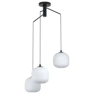 Pendant 3 Bulb Ceiling Light Colour Black Shade White Ridged Glass E27 3x40W