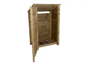 Wooden log store (roof sloping back) with door W-119cm, H-180cm, D-88cm - natural (light green) finish