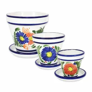 Floral Hand Painted Set of 3 Classic Plant Pots & Drainage Plates (D) 16-29cm