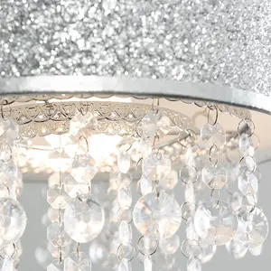 ValueLights Bonita Modern Silver Glitter Cylinder Ceiling Pendant Light Shade with Clear Acrylic Jewel Droplets