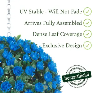 Best Artificial 23cm Blue Rose Topiary Hanging Basket Flower Ball - Suitable for Outdoor Use - Weather & Fade Resistant