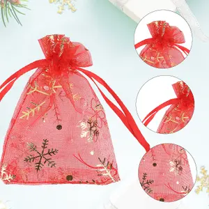 Neel Blue Christmas Gift Bag Red Snowflakes Glitter Organza Bag, 7x9cm - Pack of 100