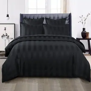 Renze Microfiber 250 TC Reversible Stripe Duvet Cover Set with Pillowcases Black / Double Duvet Cover + 2 Standard  Pillowcases