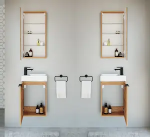 Bathroom Cabinets Set 400mm Vanity Unit Basin Wall Mirror Oak Effect Small Avir