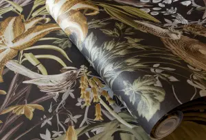 Galerie Tropical Collection Walnut Mo'orea Inspired Flowers And Birds Wallpaper Roll