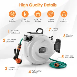 Costway Portable Hose Reel 15+1m Wall Mounted Hose Reel Retractable Auto Rewind Watering