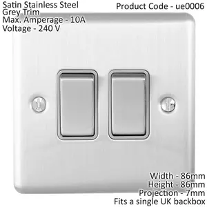 2 Gang Double Light Switch SATIN STEEL 2 Way 10A Grey Trim & Metal Rocker