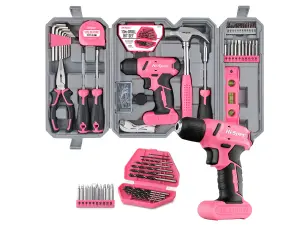 8V Pink Cordless Electric Power Screwdriver & Drill Bits Set-With Battery 57pc