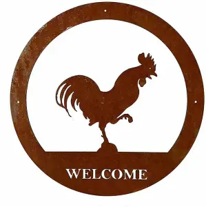 Cockerel Welcome Wall Art - Large - Steel - W49.5 x H49.5 cm - Bare Metal/Ready to Rust