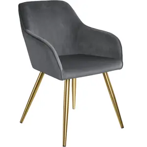 Chair Marilyn - with armrests, padded, velvet look, golden steel legs - dark gray/gold