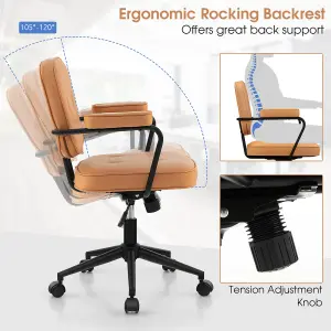 Costway Home Office PU Leather Desk Chair Upholstered Swivel Task Chair W/ Rocking Backrest & Armrest