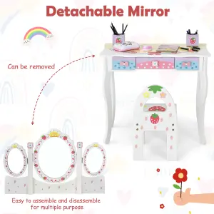 Costway Kids Vanity Table Chair Set Children Makeup Dressing Table w/ Tri-fold Mirror