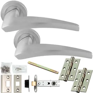 Door Handle & Latch Pack - Satin Chrome - Chunky Curved Arched Lever On Round Rose