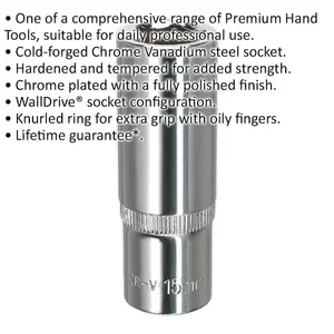 Premium 15mm Deep Drive Socket - 3/8" Chrome Vanadium Steel