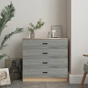 URBNLIVING Height 73cm 4 Drawer Wooden Bedroom Chest Cabinet Modern Oak Carcass and Ash Grey Drawers Wide Storage Cupboard Closet