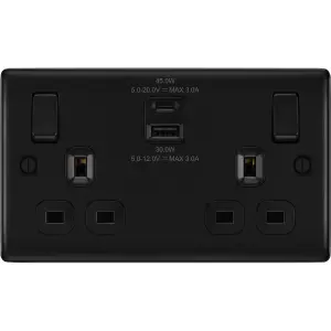 BG Nexus Metal Matt Black Double Switched 13A Power Socket With USB Charging - USB A + C (45W)