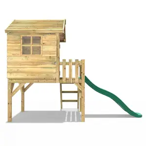 Rebo Orchard 4FT x 4FT Wooden Playhouse On 900mm Deck and 6FT Slide (Swan Dark Green)