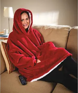 Red Huggle Hoodie - Warm Soft Fleece Lined Oversized Hooded Blanket with Pockets - Machine Washable, One Size Fits All