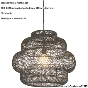 Hanging Ceiling Pendant Light - Large Black Rattan Basket & Matt Black - 10W LED E27