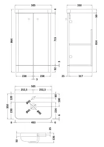 Floor Standing 2 Door Vanity Unit with Ceramic Basin - 500mm - Soft Black