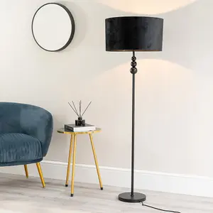 ValueLights Marissa Matt Black Stacked Ball Floor Lamp with Black Velvet Shade