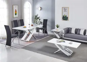 Modernique White MDF Marble Effect Dining Table with 4 Black Faux Leather Chairs