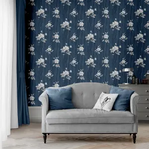 Muriva Blue Floral Mica effect Embossed Wallpaper