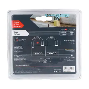 Timco - Brass Padlock (Size 40mm - 2 Pieces)