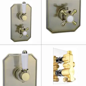 ENKI Regent Antique Brass Traditional Crosshead Single Outlet Brass Thermostatic Twin Shower Valve TSV043