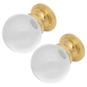 AFIT Glass Cabinet Cupboard Knob Clear Ball - 30mm - Polished Brass - Pack of 2