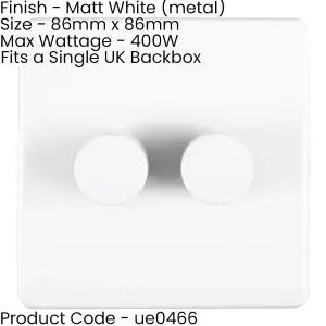 2 Gang Rotary Dimmer Switch 2 Way LED SCREWLESS MATT WHITE Light Dimming Wall