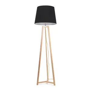 ValueLights Lottie Natural Wood Tripod Floor Lamp with Black Tapered Shade - LED Bulb Included