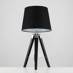 ValueLights Clipper Modern Black Wood and Silver Chrome Tripod Table Lamp with Black Light Shade