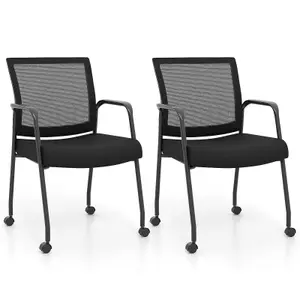 COSTWAY 2 Pcs Office Guest Chairs on Wheels Mesh Back Reception Chair