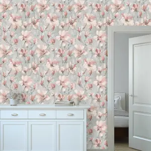 Camilla Blush Pink & Grey Floral Water Colour Effect Wallpaper 198503