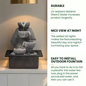 Grey LED Electric Garden Fountain Resin Water Feature with Circulation Pump