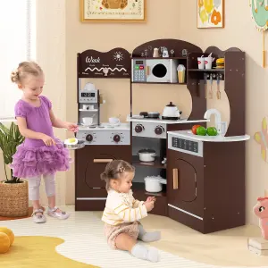 COSTWAY Corner Wooden Play Kitchen Kids Toy Kitchen Set with Lights & Sounds