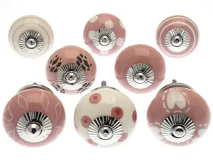 MangoTreeKnobs - Mixed Set of Pink & White Ceramic Cupboard Knobs x Pack 8 (MG-132)