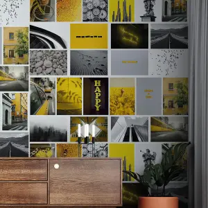 Walplus Yellow And Grey Adhesive Aesthetic Wall Mural Collage Set