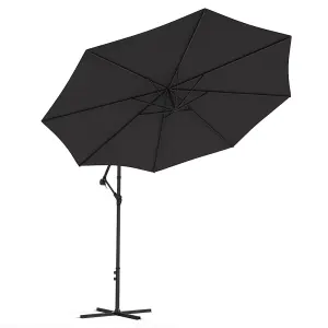 3M Large Rotatable Garden Sun Shade Cantilever Parasol Patio Hanging Banana Umbrella Crank Tilt with Cross Base, Black