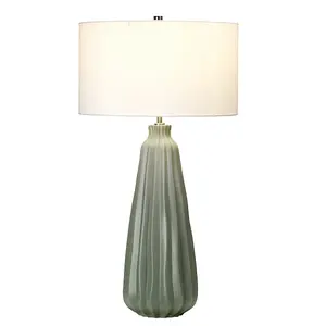 Table Lamp Sage Green Ceramic White Faux Silk Cylinder Shade LED E27 60W