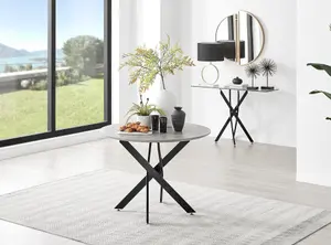 Furniturebox UK Novara Grey Concrete Effect Black Leg Round Dining Table & 4 Grey Velvet Milan Chairs