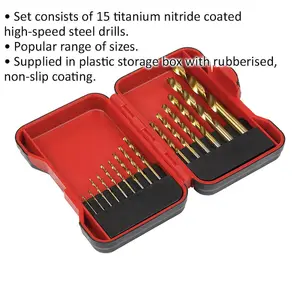 Premium 15 Piece Titanium Coated HSS Drill Bit Set with Storage Box