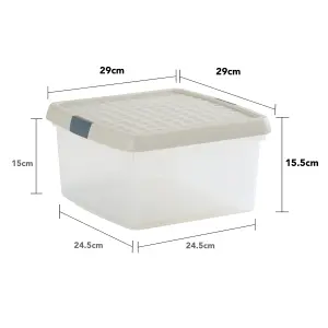 Wham Clip 3x 9L Square Plastic Storage Boxes with Secure Clip Lock Lids. L:29 x W:29 x H:15.5cm Clear/Stone/Slate Grey